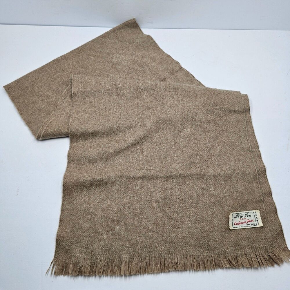 VTG Cashmere Blend Scarf Beige Tan Solid Fringe Made In USA Quiet Luxury 52x12